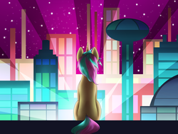 Size: 2000x1500 | Tagged: safe, artist:evakulisreal, oc, oc only, pony, unicorn, city, night, rear view, sitting, solo, stars, ych result