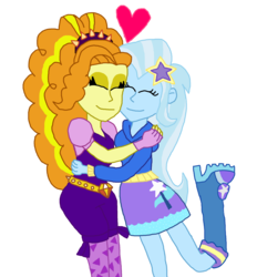 Size: 2000x2158 | Tagged: safe, artist:ktd1993, adagio dazzle, trixie, equestria girls, g4, boots, clothes, duo, eyes closed, female, high heel boots, high res, hoodie, hug, lesbian, shipping, shoes, simple background, skirt, transparent background, triagio