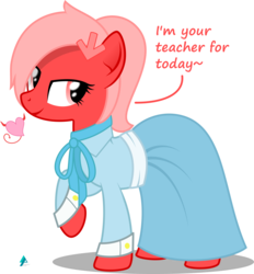 Size: 1984x2136 | Tagged: safe, artist:arifproject, oc, oc only, oc:downvote, earth pony, pony, derpibooru, beautiful, bow, clothes, cute, derpibooru ponified, dress, female, heart, mare, meta, ponified, raised hoof, show accurate, simple background, solo, teacher, text, transparent background