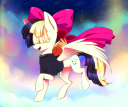 Size: 900x750 | Tagged: safe, artist:jacky-bunny, songbird serenade, pegasus, pony, g4, my little pony: the movie, bow, clothes, cloud, female, hair bow, mare, night, open mouth, raised hoof, smiling, solo, stars