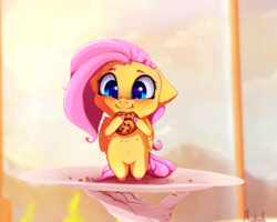 Size: 2500x2000 | Tagged: safe, artist:miokomata, fluttershy, human, pegasus, pony, g4, bipedal, chibi, cookie, cute, female, floppy ears, food, freckles, high res, mare, plate, shyabetes, signature, smiling, tiny, tiny ponies, weapons-grade cute