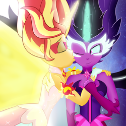 Size: 1500x1500 | Tagged: safe, artist:xethshade, sci-twi, sunset shimmer, twilight sparkle, equestria girls, g4, my little pony equestria girls: friendship games, cheek kiss, daydream shimmer, eyes closed, female, kissing, lesbian, midnight sparkle, midnightdaydream, one eye closed, ship:sci-twishimmer, ship:sunsetsparkle, shipping, smiling