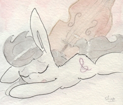 Size: 692x594 | Tagged: safe, artist:slightlyshade, octavia melody, earth pony, pony, g4, bed mane, cello, female, missing accessory, musical instrument, sleeping, solo, traditional art