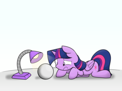 Size: 2000x1500 | Tagged: safe, artist:latie, twilight sparkle, alicorn, pony, g4, ball, confused, female, frown, lamp, mare, paint, prank, prone, shadow, simple background, solo, twilight sparkle (alicorn), white background