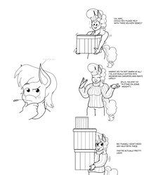 Size: 1585x1931 | Tagged: safe, artist:matchstickman, big macintosh, sugar belle, earth pony, unicorn, anthro, g4, ..., boxes, clothes, comic, comparison, dialogue, duo, female, hindsight, lifting, male, mare, monochrome, ship:sugarmac, shipping, simple background, stallion, straight, straw in mouth, strong, sweater, weak, white background