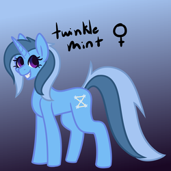 Size: 900x900 | Tagged: safe, artist:eppyminecart, oc, oc only, oc:twinkle mint, pony, unicorn, icey-verse, blue background, braces, female, gradient background, magical lesbian spawn, mare, offspring, parent:minuette, parent:trixie, parents:minixie, simple background, solo