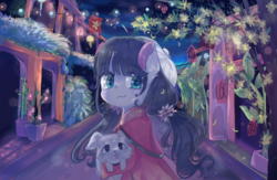 Size: 1156x752 | Tagged: safe, artist:windymils, oc, oc only, dog, pony, :3, ao dai, aodai (clothing), clothes, female, flag, flower, flower in hair, lantern, looking at you, lunar new year, mare, night, puppy, robe, smiling, solo, town, vietnam, vietnamese, vietnamese new year, village