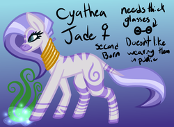 Size: 820x600 | Tagged: safe, artist:eppyminecart, oc, oc only, oc:cyathea jade, hybrid, zebra, zony, icey-verse, blue background, female, gradient background, interspecies offspring, jewelry, magical lesbian spawn, neck rings, offspring, parent:rarity, parent:zecora, parents:raricora, simple background, solo, zebra oc