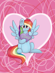 Size: 3024x4032 | Tagged: safe, artist:itssopanda, rainbow dash, pegasus, pony, g4, :3, abstract background, cute, dashabetes, female, heart, heart pillow, high res, looking at you, pillow, sitting, solo, xoxo