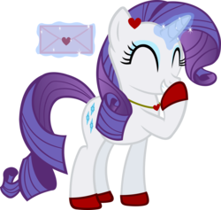 Size: 5047x4794 | Tagged: safe, artist:ironm17, rarity, pony, unicorn, g4, ^^, absurd resolution, clothes, eyes closed, female, giggling, heart, holiday, hoof over mouth, jewelry, letter, magic, necklace, shoes, simple background, solo, transparent background, valentine's day, vector