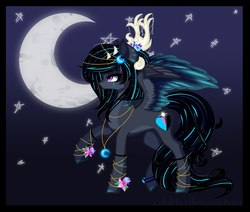 Size: 1274x1080 | Tagged: safe, artist:bastet-catmew, oc, oc only, oc:jefferity, pegasus, pony, antlers, female, flower, mare, night, solo