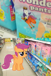 Size: 1024x1534 | Tagged: safe, artist:blackrhinoranger, artist:quanno3, scootaloo, bird, horse, pegasus, penguin, pony, g4, 2 panel comic, comic, diaper, diaper package, irl, look-alike, photo, ponies in real life