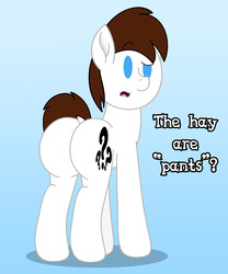 Size: 1280x1537 | Tagged: safe, artist:aarondrawsarts, oc, oc:brain teaser, earth pony, pony, butt, dock, looking at you, looking back, plot, tumblr, we don't normally wear clothes