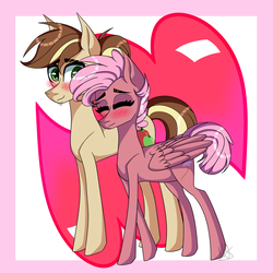 Size: 1024x1024 | Tagged: safe, artist:misskitkat2002, oc, oc only, oc:apple patch, oc:orchard branch, pegasus, pony, blushing, female, male, mare, oc x oc, shipping, stallion, straight