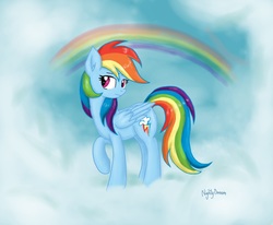 Size: 2312x1904 | Tagged: safe, artist:dreamy990, rainbow dash, pegasus, pony, g4, cloud, female, mare, rainbow, signature, sky, solo