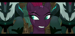 Size: 2220x1080 | Tagged: safe, screencap, tempest shadow, pony, unicorn, g4, my little pony: the movie, broken horn, eye scar, female, horn, looking back, mare, scar, solo, storm guard, tempest shadow's bodyguard