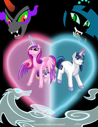 Size: 720x937 | Tagged: safe, artist:texasuberalles, king sombra, princess cadance, princess flurry heart, queen chrysalis, shining armor, alicorn, changeling, changeling queen, pony, umbrum, unicorn, windigo, g4, black background, cloven hooves, colored hooves, female, filly, glowing eyes, glowing horn, heart, horn, male, mare, simple background, stallion, tongue out, unshorn fetlocks