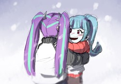 Size: 2000x1400 | Tagged: safe, artist:amazingpuffhair, aria blaze, sonata dusk, equestria girls, g4, blushing, clothes, cute, duo, female, hug, jacket, pigtails, ponytail, snow, snowfall, traditional art, twintails