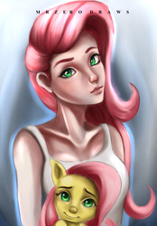 Size: 1313x1884 | Tagged: safe, artist:bunsogen, fluttershy, human, pony, g4, clothes, female, humanized, looking at you, nightmare fuel, self ponidox, smiling, solo, uncanny valley