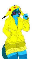 Size: 1555x2450 | Tagged: safe, artist:splint, oc, oc only, oc:doctor blue horizon, pikachu, anthro, breasts, cleavage, clothes, cute, female, glasses, hand in pocket, hoodie, pokémon, shorts, smiling, solo, stockings, tail, thigh highs