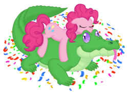 Size: 10596x7648 | Tagged: safe, artist:faitheverlasting, gummy, pinkie pie, alligator, earth pony, pony, g4, absurd resolution, confetti, female, hilarious in hindsight, mare, older, older gummy, pinkie pie riding gummy, ponies riding gators, riding, simple background, tongue out, transparent background