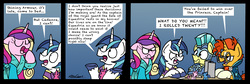 Size: 3504x1172 | Tagged: safe, artist:bobthedalek, princess cadance, shining armor, sunburst, alicorn, pony, unicorn, g4, armor, bathrobe, blue background, cadance is not amused, clothes, comic, crystal guard, crystal guard armor, dungeons and dragons, female, figurine, male, mare, ogres and oubliettes, pen and paper rpg, robe, shining armor is a goddamn moron, simple background, stallion, sunburst is not amused, tabletop game, this will end in a night on the couch, tired, unamused, yawn, you blew it