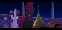 Size: 2220x1080 | Tagged: safe, screencap, tempest shadow, twilight sparkle, alicorn, pony, unicorn, g4, my little pony: the movie, broken horn, duo, embarrassed, eye scar, eyes closed, female, horn, mare, party, scar, smiling, twilight sparkle (alicorn)