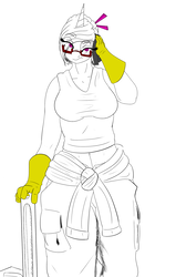 Size: 1555x2450 | Tagged: safe, artist:splint, oc, oc:doctor blue horizon, anthro, annoyed, cargo pants, clothes, frown, glasses, gloves, pants, rag, raised eyebrow, tank top, wrench