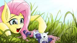 Size: 4800x2700 | Tagged: safe, artist:maneingreen, fluttershy, rarity, g4, bellyrubs, cheek fluff, chubbie, ear fluff, grass, playing