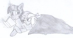 Size: 1218x630 | Tagged: safe, artist:jesterofdestiny, lyra heartstrings, twilight sparkle, pony, unicorn, g4, bedroom eyes, black and white, blanket, book, crossed hooves, cuddling, female, grayscale, lesbian, levitation, looking at each other, lying down, magic, monochrome, reading, ship:twyra, shipping, sleepy, smiling, snuggling, telekinesis, traditional art, unicorn twilight