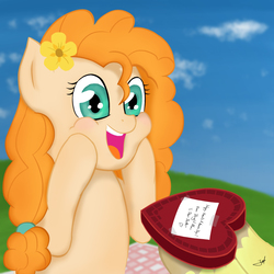 Size: 1941x1941 | Tagged: safe, artist:derpyjoel, bright mac, pear butter, g4, cute, hearts and hooves day, holiday, love, pearabetes, solo focus, surprised, valentine's day