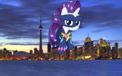 Size: 1024x640 | Tagged: safe, radiance, rarity, pony, g4, canada, female, giant pony, giantess, highrise ponies, irl, macro, mega rarity, photo, ponies in real life, power ponies, solo, toronto