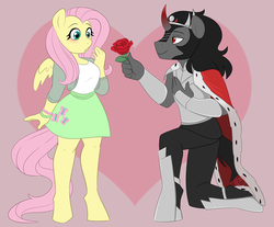 Size: 2039x1690 | Tagged: safe, artist:liziedoodle, fluttershy, king sombra, anthro, unguligrade anthro, g4, armor, blushing, clothes, duo, female, flower, male, rose, ship:sombrashy, shipping, skirt, smiling, straight