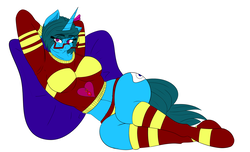 Size: 2555x1555 | Tagged: safe, artist:splint, oc, oc:doctor blue horizon, anthro, arm behind head, clothes, cute, cutie mark, glasses, hips, looking at you, panties, smiling, socks, sweater, underwear