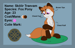 Size: 1200x766 | Tagged: safe, artist:nudeknightart, oc, oc only, oc:skölir traevam, earth pony, fox, fox pony, hybrid, original species, pony, chest fluff, male, reference sheet, simple background, solo