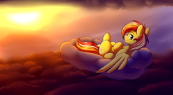 Size: 4000x2213 | Tagged: safe, artist:graphene, oc, oc only, oc:ace, pony, cloud, commission, looking at you, male, on back, scenery, solo, spread wings, stallion, sunset, wings