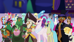 Size: 1920x1080 | Tagged: safe, artist:dashiemlpfim, artist:yoshigreenwater, bon bon, boyle, capper dapperpaws, captain celaeno, coco pommel, derpy hooves, dj pon-3, lix spittle, lyra heartstrings, mullet (g4), octavia melody, princess skystar, queen novo, sassy saddles, songbird serenade, squabble, sweetie drops, vinyl scratch, oc, oc:cupcake slash, classical hippogriff, hippogriff, parrot pirates, pony, anthro, digitigrade anthro, g4, my little pony: the movie, anthro with ponies, background pony, beauty mark, ear piercing, earring, female, jewelry, piercing, pirate