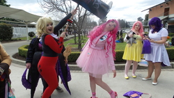 Size: 4608x2592 | Tagged: safe, artist:jarrahwhite, fluttershy, pinkie pie, rarity, human, g4, clothes, cosplay, costume, duckery in the description, hammer, harley quinn, irl, irl human, photo