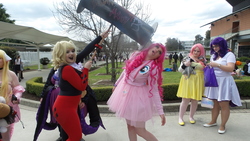 Size: 4608x2592 | Tagged: safe, artist:jarrahwhite, fluttershy, pinkie pie, rarity, human, g4, clothes, cosplay, costume, duckery in the description, hammer, harley quinn, irl, irl human, photo