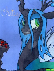 Size: 1024x1330 | Tagged: safe, artist:spinningsanity, queen chrysalis, changeling, changeling queen, g4, bust, female, portrait, solo, traditional art, watermark
