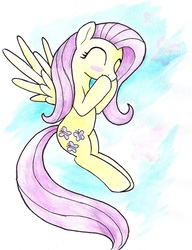 Size: 830x1080 | Tagged: safe, artist:astevenamedwolf, fluttershy, pegasus, pony, g4, blushing, covering mouth, cute, eyes closed, female, shyabetes, smiling, solo, spread wings, traditional art, wings