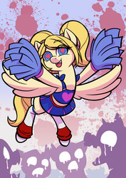 Size: 845x1195 | Tagged: safe, artist:robbiecave, pony, undead, zombie, zombie pony, cheerleader, crossover, female, heart eyes, juliet starling, lollipop chainsaw, mare, pom pom, ponified, smiling, wingding eyes