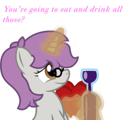 Size: 1617x1534 | Tagged: safe, artist:darkstorm619, oc, oc only, oc:snappy edit, pony, unicorn, chocolate, dialogue, drink, female, food, glasses, glowing horn, heart, horn, magic, mare, offscreen character, simple background, smiling, solo, telekinesis, transparent background