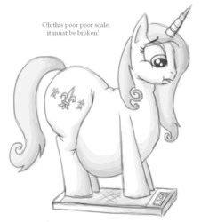 Size: 676x718 | Tagged: safe, artist:secretgoombaman12345, fleur-de-lis, pony, unicorn, ask chubby diamond, g4, fat, female, fleur dis lourde, grayscale, mare, monochrome, obese, pencil drawing, scale, simple background, traditional art, weight gain, white background