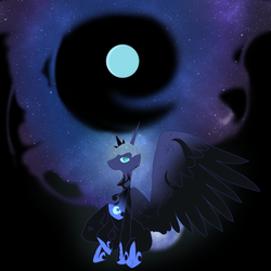 Size: 1000x1000 | Tagged: safe, artist:lunar-march, nightmare moon, princess luna, alicorn, pony, g4, looking up, moon, shrunken pupils, sitting, slit pupils, solo, spread wings, transformation, wings