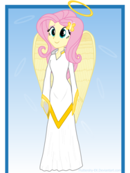 Size: 6000x8000 | Tagged: safe, artist:efk-san, fluttershy, angel, equestria girls, g4, absurd resolution, beautiful, clothes, dress, female, fluttershy the angel, halo, show accurate, smiling, solo, wings