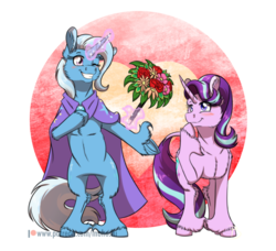 Size: 1024x934 | Tagged: safe, artist:inuhoshi-to-darkpen, starlight glimmer, trixie, pony, unicorn, g4, abstract background, blush sticker, blushing, bouquet, cape, clothes, curved horn, female, flower, gem, glowing horn, heart background, hoof on chin, horn, lesbian, magic, mare, one eye closed, realistic horse legs, rearing, ship:startrix, shipping, smiling, standing, telekinesis, trixie's cape, underhoof, unshorn fetlocks, wink