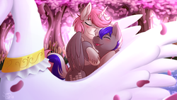 Size: 3840x2160 | Tagged: safe, artist:sugaryviolet, oc, oc only, oc:bassy, oc:intrepid charm, pegasus, pony, unicorn, g4, blushing, boat, cherry blossoms, commission, couple, cuddling, cute, eyes closed, flower, flower blossom, gay, hearts and hooves day, high res, holiday, hug, male, oc x oc, open mouth, shipping, stallion, swan boat, unshorn fetlocks, valentine's day, water, winghug