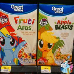 Size: 960x960 | Tagged: safe, applejack, rainbow dash, earth pony, pegasus, pony, g4, apple blasts, apple jacks, cereal, cereal box, cowboy hat, duo, female, food, froot loops, great value, hat, irl, mare, merchandise, mexico, photo, spanish, walmart
