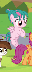 Size: 310x700 | Tagged: safe, screencap, pipsqueak, scootaloo, tulip swirl, earth pony, pony, g4, marks and recreation, animated, colt, female, filly, flying, male, no sound, perfect loop, solo focus, webm